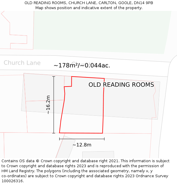 OLD READING ROOMS, CHURCH LANE, CARLTON, GOOLE, DN14 9PB: Plot and title map