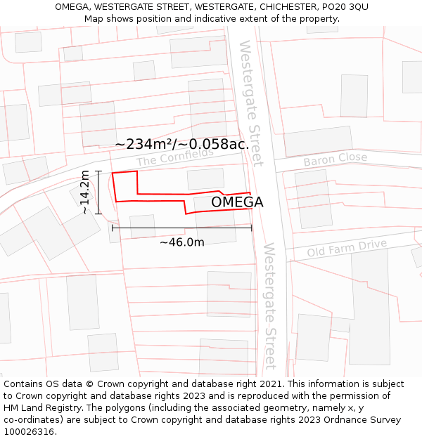 OMEGA, WESTERGATE STREET, WESTERGATE, CHICHESTER, PO20 3QU: Plot and title map