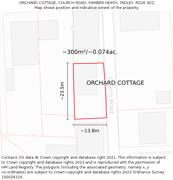 ORCHARD COTTAGE, CHURCH ROAD, PAMBER HEATH, TADLEY, RG26 3DZ: Plot and title map