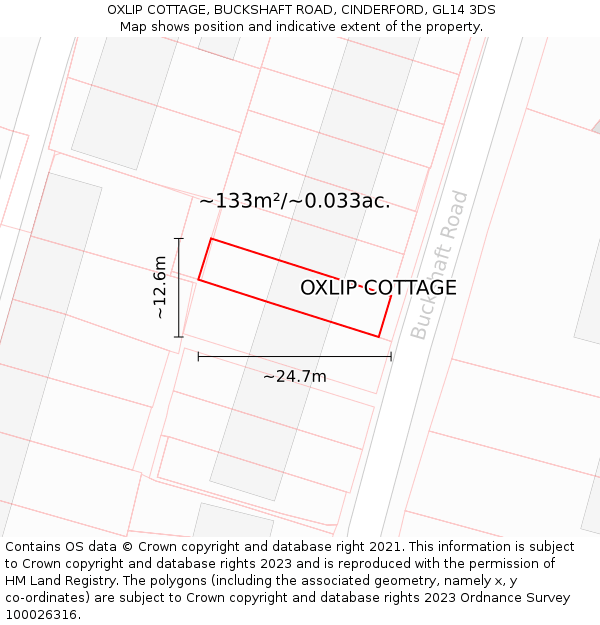 OXLIP COTTAGE, BUCKSHAFT ROAD, CINDERFORD, GL14 3DS: Plot and title map
