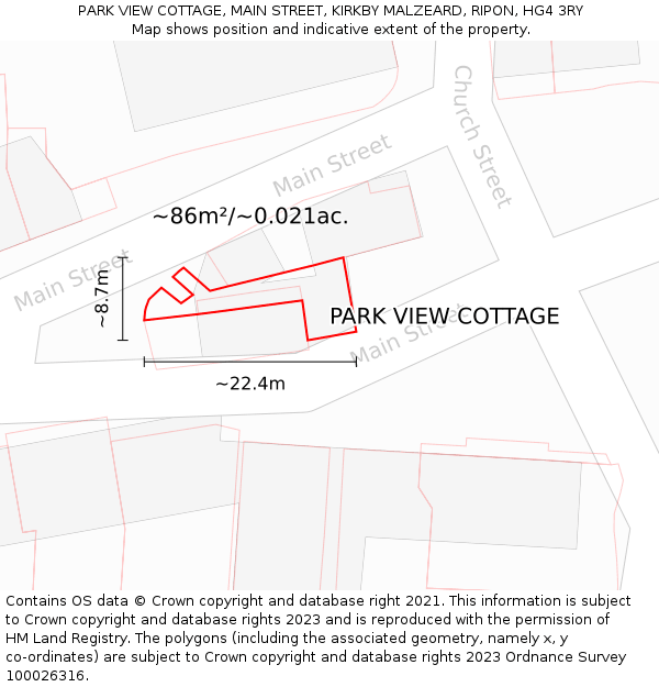 PARK VIEW COTTAGE, MAIN STREET, KIRKBY MALZEARD, RIPON, HG4 3RY: Plot and title map