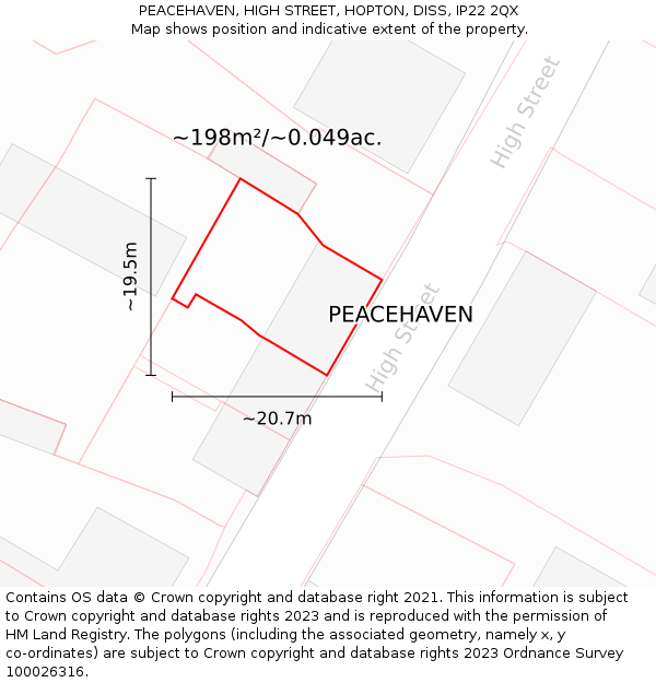 PEACEHAVEN, HIGH STREET, HOPTON, DISS, IP22 2QX: Plot and title map