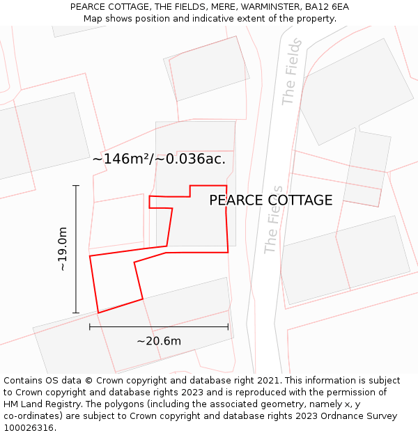 PEARCE COTTAGE, THE FIELDS, MERE, WARMINSTER, BA12 6EA: Plot and title map
