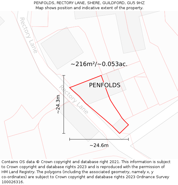 PENFOLDS, RECTORY LANE, SHERE, GUILDFORD, GU5 9HZ: Plot and title map