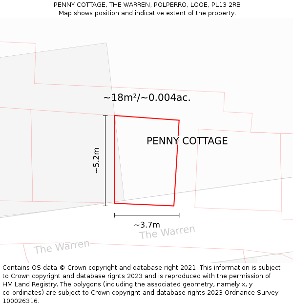 PENNY COTTAGE, THE WARREN, POLPERRO, LOOE, PL13 2RB: Plot and title map