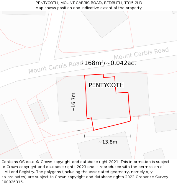 PENTYCOTH, MOUNT CARBIS ROAD, REDRUTH, TR15 2LD: Plot and title map