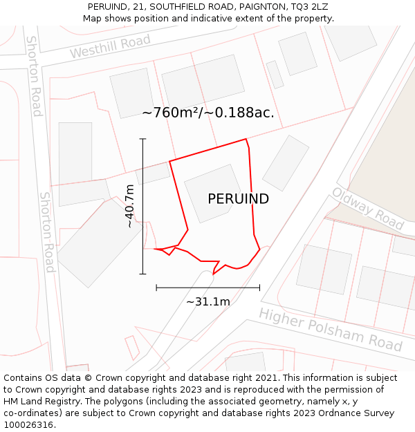 PERUIND, 21, SOUTHFIELD ROAD, PAIGNTON, TQ3 2LZ: Plot and title map