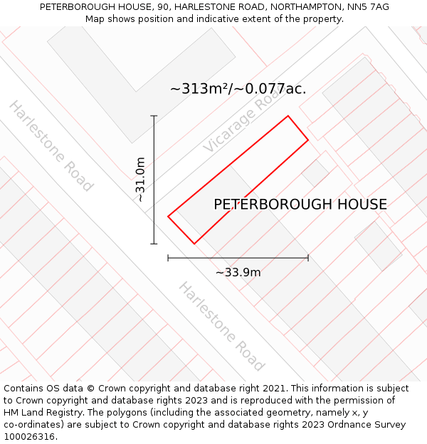 PETERBOROUGH HOUSE, 90, HARLESTONE ROAD, NORTHAMPTON, NN5 7AG: Plot and title map