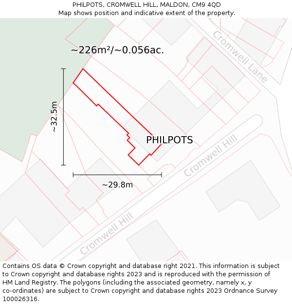 PHILPOTS, CROMWELL HILL, MALDON, CM9 4QD: Plot and title map