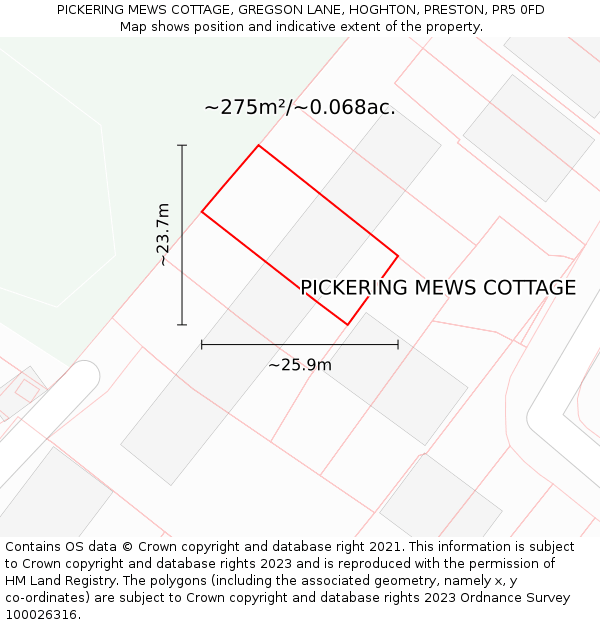 PICKERING MEWS COTTAGE, GREGSON LANE, HOGHTON, PRESTON, PR5 0FD: Plot and title map