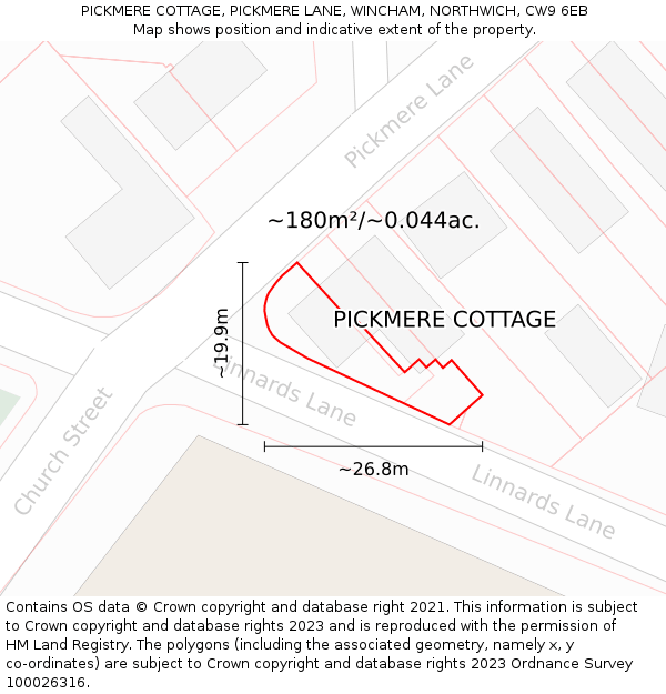 PICKMERE COTTAGE, PICKMERE LANE, WINCHAM, NORTHWICH, CW9 6EB: Plot and title map