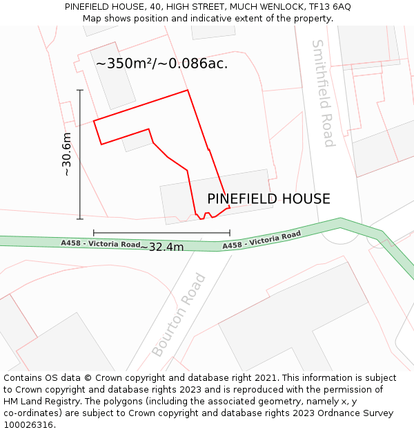 PINEFIELD HOUSE, 40, HIGH STREET, MUCH WENLOCK, TF13 6AQ: Plot and title map