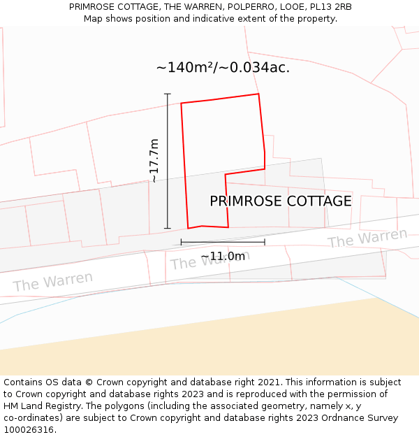 PRIMROSE COTTAGE, THE WARREN, POLPERRO, LOOE, PL13 2RB: Plot and title map