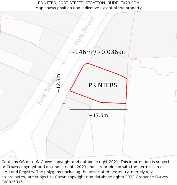 PRINTERS, FORE STREET, STRATTON, BUDE, EX23 9DA: Plot and title map