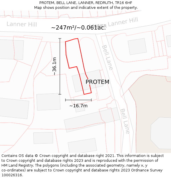 PROTEM, BELL LANE, LANNER, REDRUTH, TR16 6HF: Plot and title map