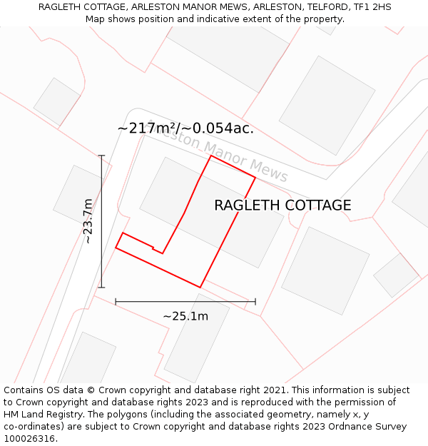 RAGLETH COTTAGE, ARLESTON MANOR MEWS, ARLESTON, TELFORD, TF1 2HS: Plot and title map