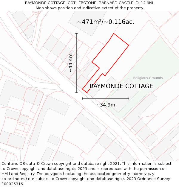 RAYMONDE COTTAGE, COTHERSTONE, BARNARD CASTLE, DL12 9NL: Plot and title map