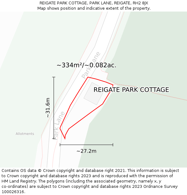 REIGATE PARK COTTAGE, PARK LANE, REIGATE, RH2 8JX: Plot and title map