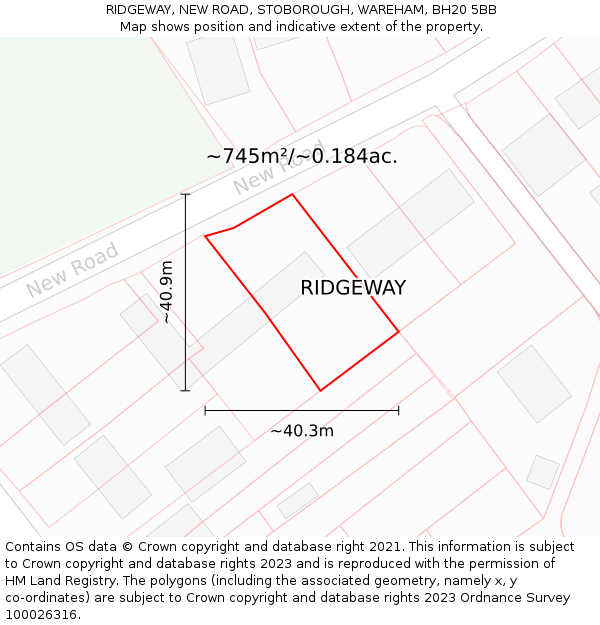 RIDGEWAY, NEW ROAD, STOBOROUGH, WAREHAM, BH20 5BB: Plot and title map