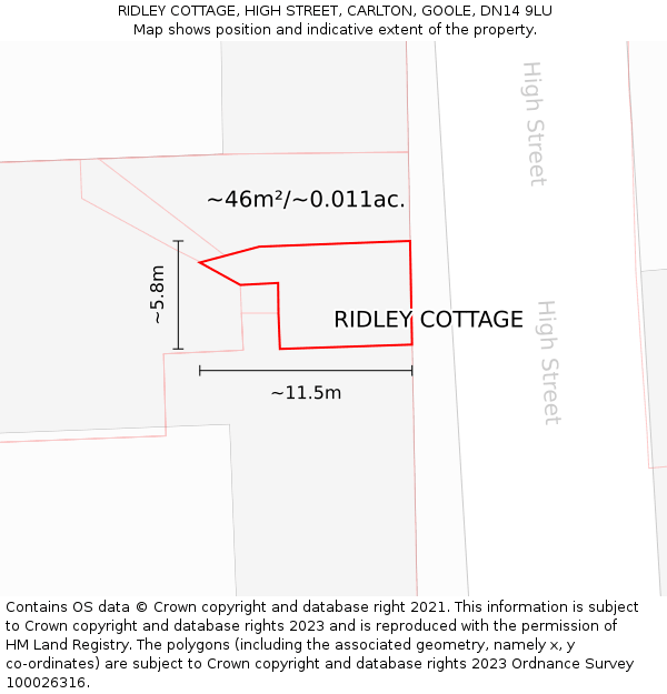 RIDLEY COTTAGE, HIGH STREET, CARLTON, GOOLE, DN14 9LU: Plot and title map