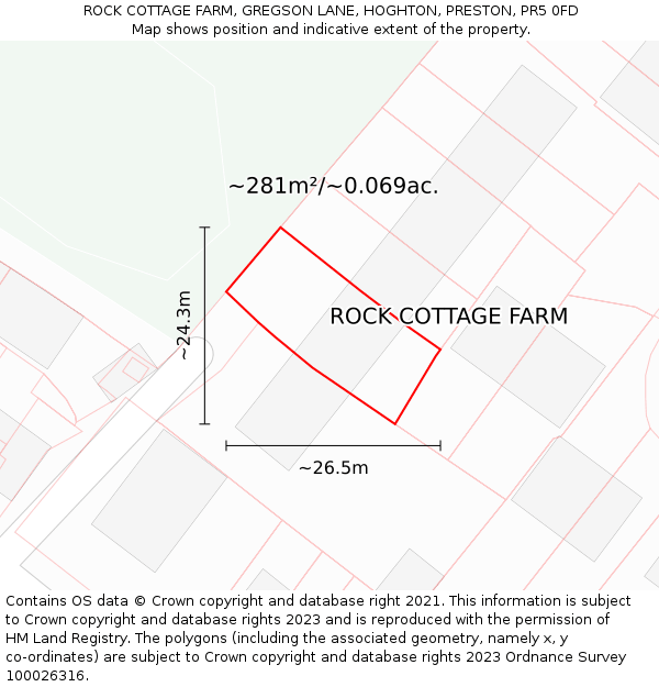 ROCK COTTAGE FARM, GREGSON LANE, HOGHTON, PRESTON, PR5 0FD: Plot and title map