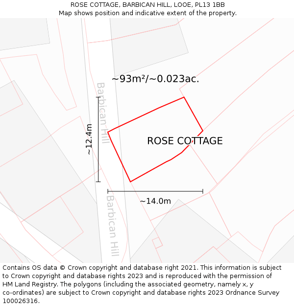 ROSE COTTAGE, BARBICAN HILL, LOOE, PL13 1BB: Plot and title map