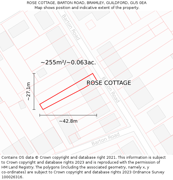 ROSE COTTAGE, BARTON ROAD, BRAMLEY, GUILDFORD, GU5 0EA: Plot and title map