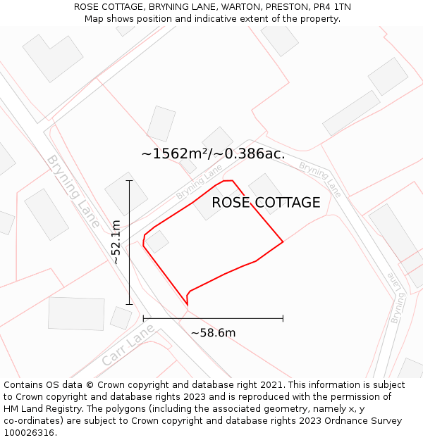 ROSE COTTAGE, BRYNING LANE, WARTON, PRESTON, PR4 1TN: Plot and title map