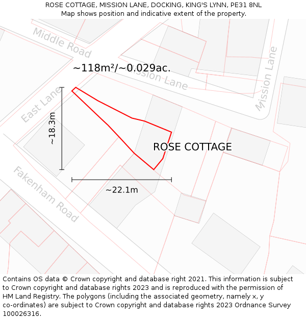 ROSE COTTAGE, MISSION LANE, DOCKING, KING'S LYNN, PE31 8NL: Plot and title map