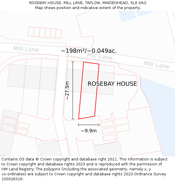 ROSEBAY HOUSE, MILL LANE, TAPLOW, MAIDENHEAD, SL6 0AG: Plot and title map