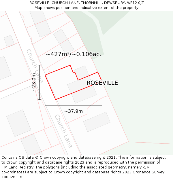 ROSEVILLE, CHURCH LANE, THORNHILL, DEWSBURY, WF12 0JZ: Plot and title map