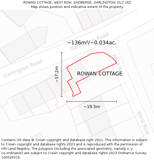 ROWAN COTTAGE, WEST ROW, SADBERGE, DARLINGTON, DL2 1RZ: Plot and title map
