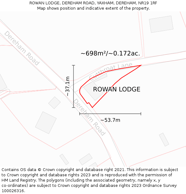 ROWAN LODGE, DEREHAM ROAD, YAXHAM, DEREHAM, NR19 1RF: Plot and title map