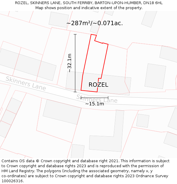 ROZEL, SKINNERS LANE, SOUTH FERRIBY, BARTON-UPON-HUMBER, DN18 6HL: Plot and title map