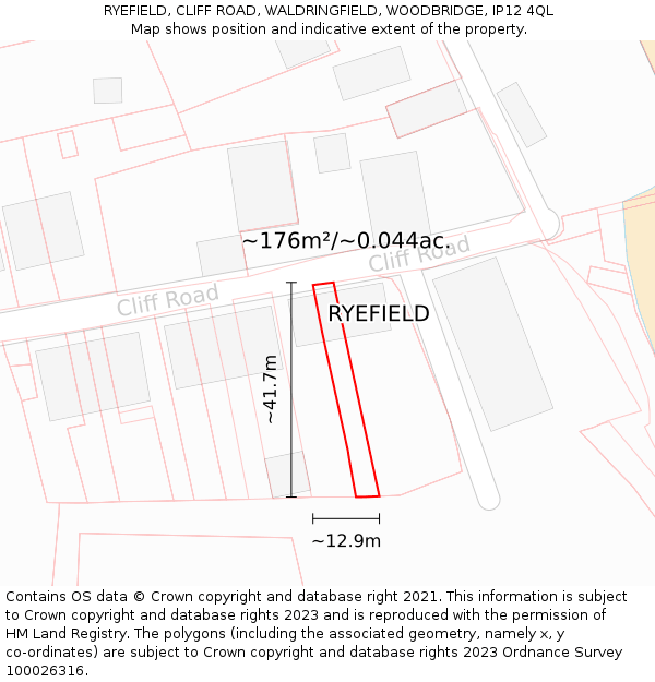 RYEFIELD, CLIFF ROAD, WALDRINGFIELD, WOODBRIDGE, IP12 4QL: Plot and title map