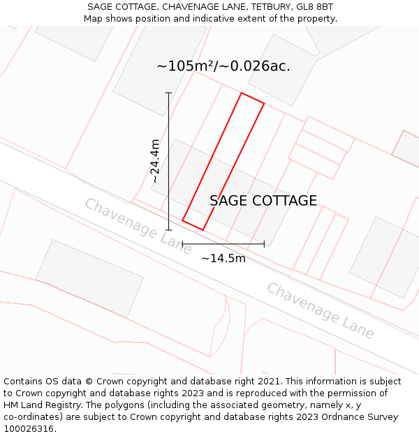 SAGE COTTAGE, CHAVENAGE LANE, TETBURY, GL8 8BT: Plot and title map