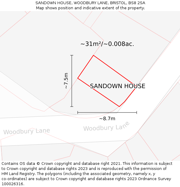 SANDOWN HOUSE, WOODBURY LANE, BRISTOL, BS8 2SA: Plot and title map