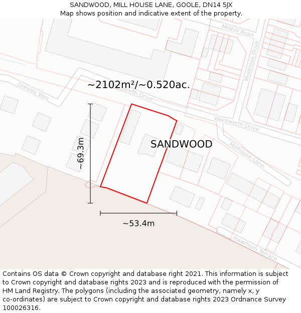 SANDWOOD, MILL HOUSE LANE, GOOLE, DN14 5JX: Plot and title map