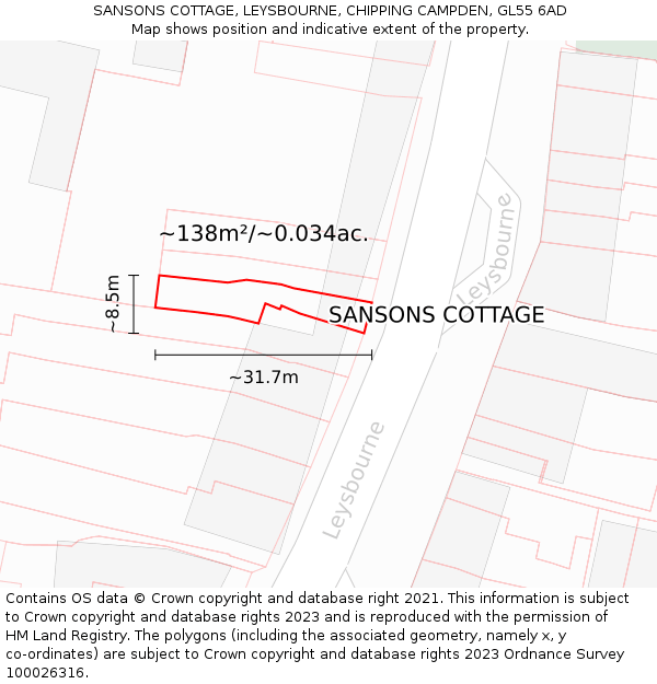 SANSONS COTTAGE, LEYSBOURNE, CHIPPING CAMPDEN, GL55 6AD: Plot and title map