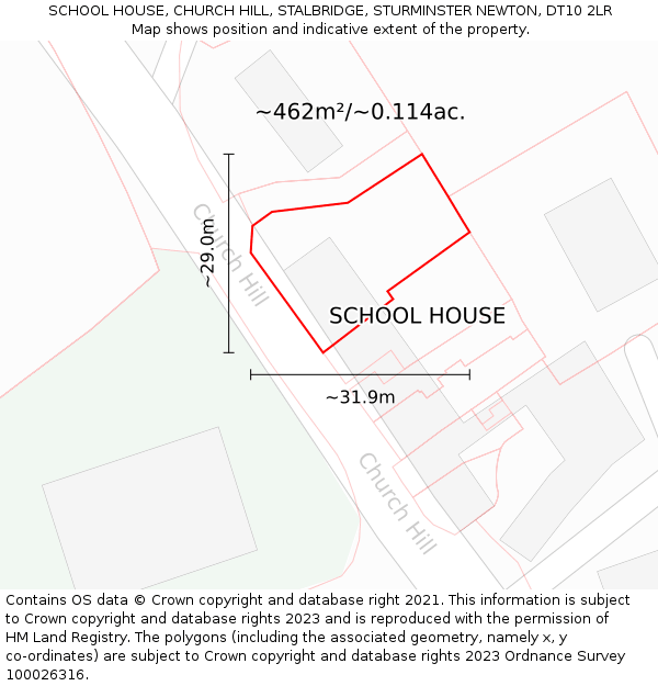 SCHOOL HOUSE, CHURCH HILL, STALBRIDGE, STURMINSTER NEWTON, DT10 2LR: Plot and title map