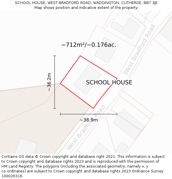 SCHOOL HOUSE, WEST BRADFORD ROAD, WADDINGTON, CLITHEROE, BB7 3JE: Plot and title map