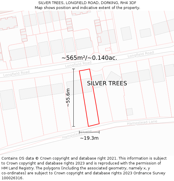 SILVER TREES, LONGFIELD ROAD, DORKING, RH4 3DF: Plot and title map