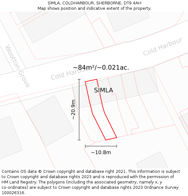 SIMLA, COLDHARBOUR, SHERBORNE, DT9 4AH: Plot and title map