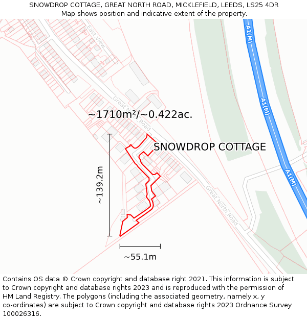 SNOWDROP COTTAGE, GREAT NORTH ROAD, MICKLEFIELD, LEEDS, LS25 4DR: Plot and title map