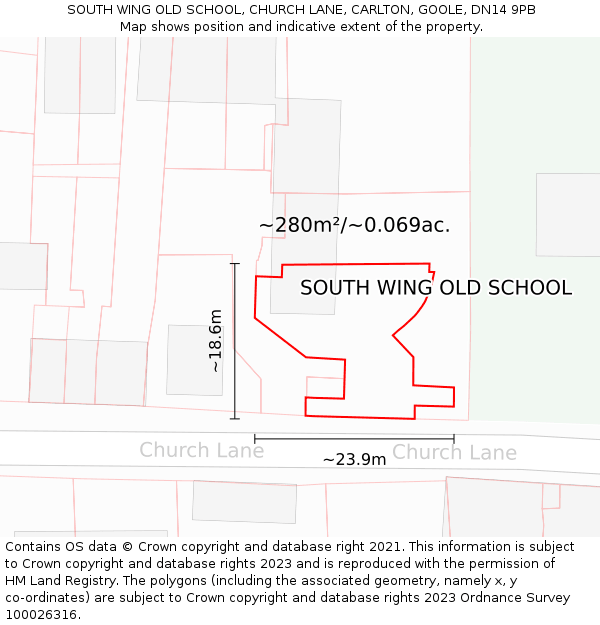 SOUTH WING OLD SCHOOL, CHURCH LANE, CARLTON, GOOLE, DN14 9PB: Plot and title map