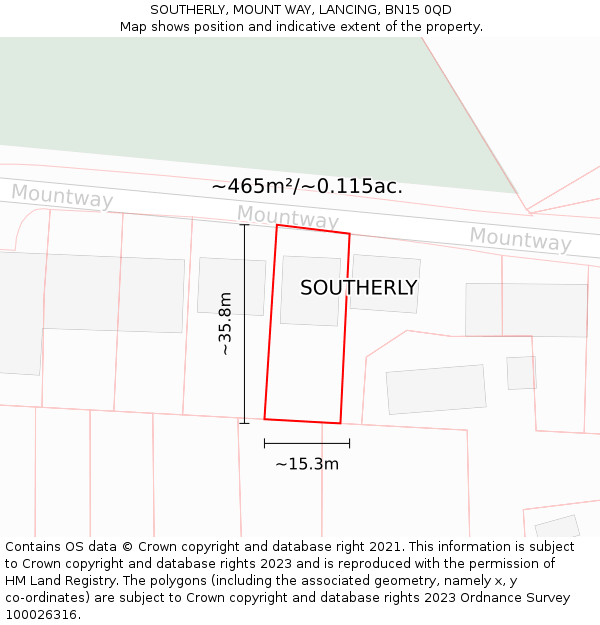 SOUTHERLY, MOUNT WAY, LANCING, BN15 0QD: Plot and title map