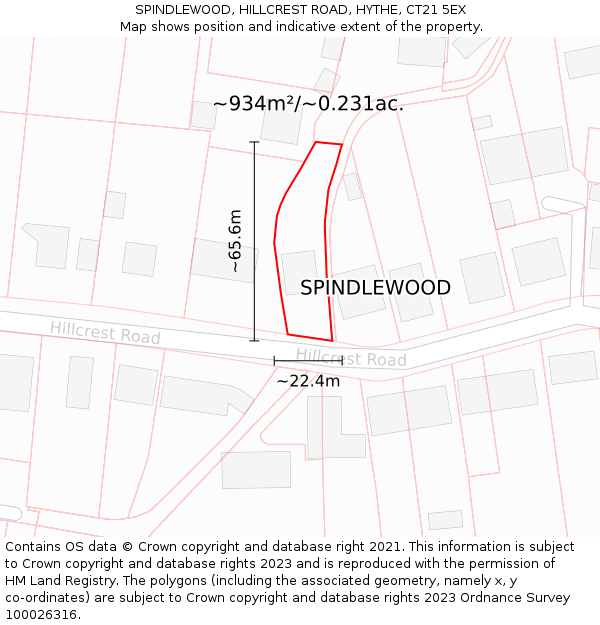 SPINDLEWOOD, HILLCREST ROAD, HYTHE, CT21 5EX: Plot and title map