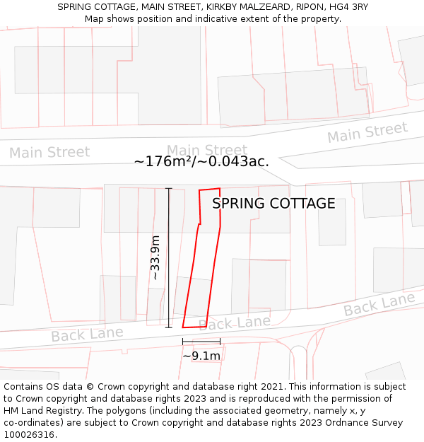 SPRING COTTAGE, MAIN STREET, KIRKBY MALZEARD, RIPON, HG4 3RY: Plot and title map