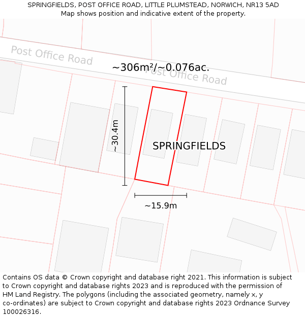 SPRINGFIELDS, POST OFFICE ROAD, LITTLE PLUMSTEAD, NORWICH, NR13 5AD: Plot and title map