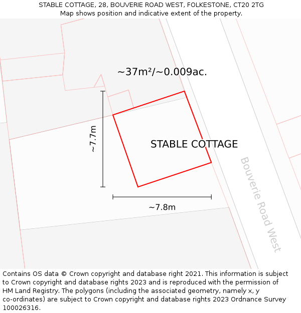 STABLE COTTAGE, 28, BOUVERIE ROAD WEST, FOLKESTONE, CT20 2TG: Plot and title map